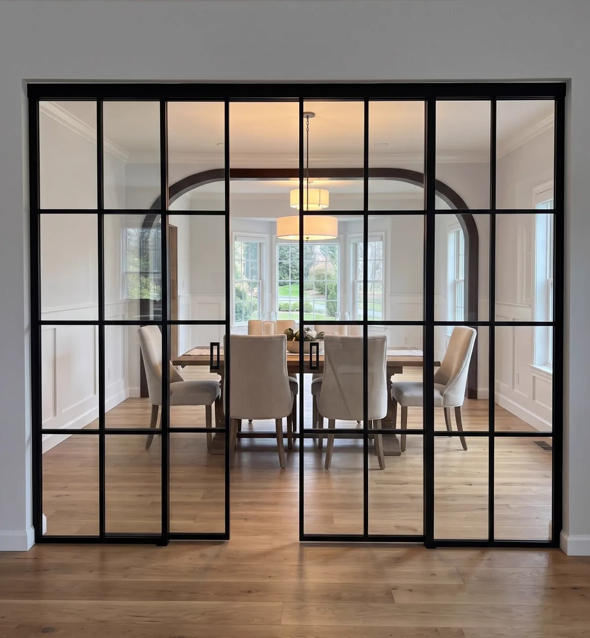 Double sliding glass partition with extra grid for designer dining room by WiseGlass NY